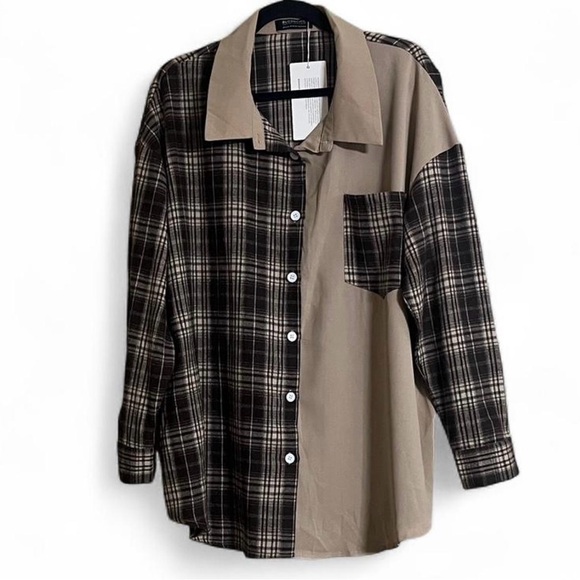 Boohoo Top Sz 14/16 Oversized Color-block Plaid Button-Up Shirt Casual Fall Wear - Picture 1 of 8